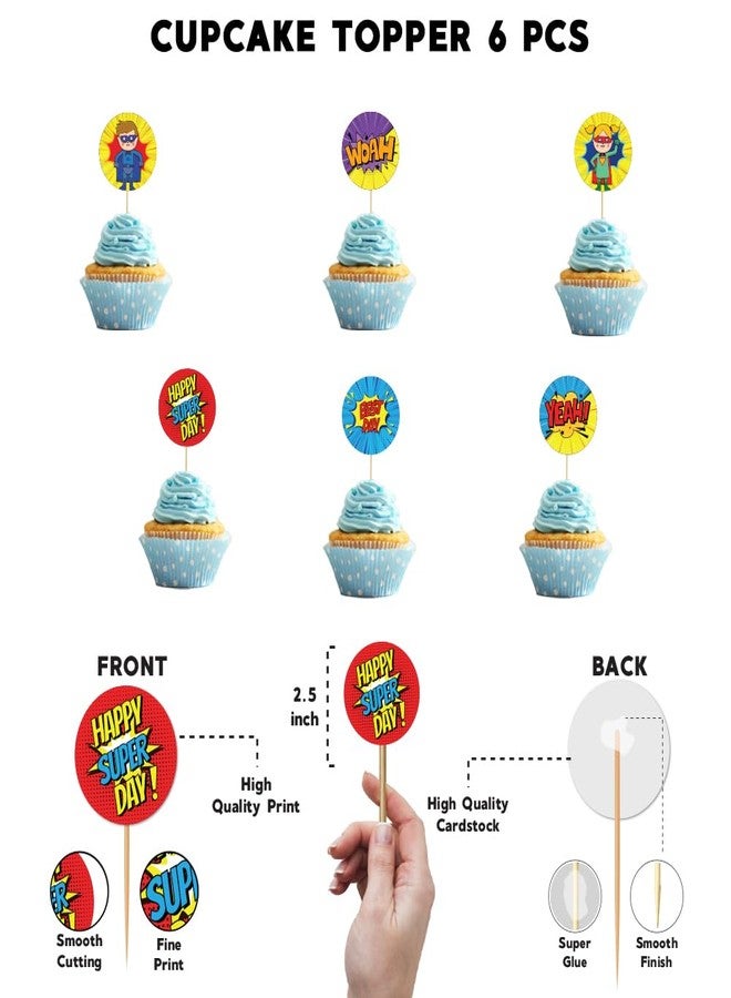 Festiko® Set of 6 Pcs Superhero Theme Happy Super Day Cupcake Topper, Cake Decoration Supplies, Birthday Decoration Items - Image 2